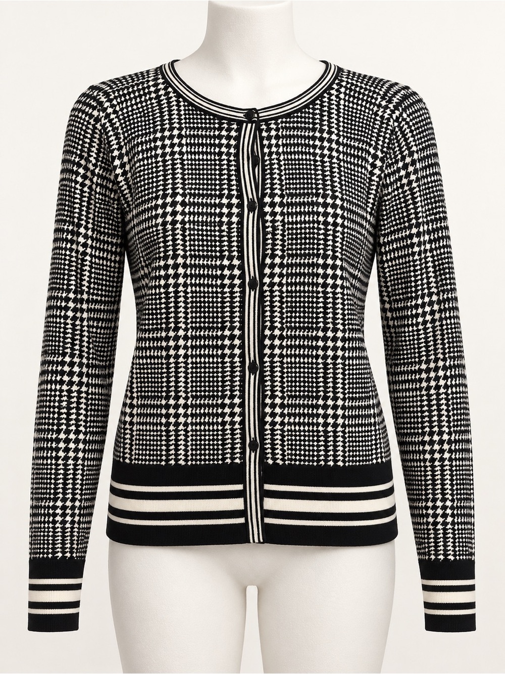 Talbots Black and White Houndstooth Button-Front Cardigan